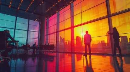 Silhouettes of people in a modern office building with large colorful windows showcasing a vibrant sunset sky and cityscape.