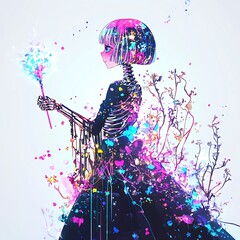 Canvas Print - Anime Skeleton Girl with Sparkler and Colorful Watercolor Splatter.