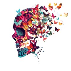 Wall Mural - Skull with Butterflies - Colorful Abstract Art.