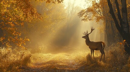 Poster - A deer stands on a sunlit path in a misty autumn forest 