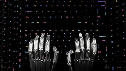mechanical robot hands on the keyboard of the future. Dark background 3d render
