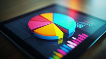 Fototapete - A 3D pie chart displayed on a digital tablet screen, showing different data segments with vibrant colors and a clean, tech-focused environment.