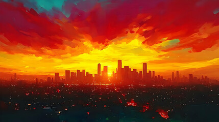 Wall Mural - A vibrant sunset sky over a silhouetted cityscape with glowing lights.