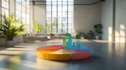 Leinwandbilder - A 3D pie chart with interactive data labels popping out, set against a modern office background to showcase dynamic data presentation.