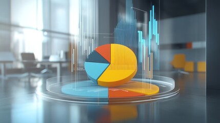 Leinwandbilder - A 3D pie chart with interactive data labels popping out, set against a modern office background to showcase dynamic data presentation.