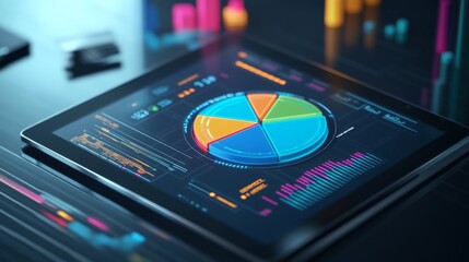 Fototapete - A 3D pie chart displayed on a digital tablet screen, showing different data segments with vibrant colors and a clean, tech-focused environment.