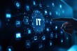© paisorn - A hand pointing at the word 'IT' with a hexagon shape on a dark blue background. There are several icons of computers and other technology-related icons in front of it