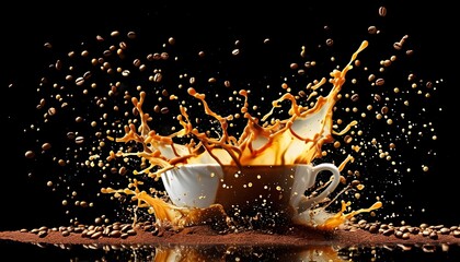 Dynamic coffee splashes create an abstract dance on a sleek black canvas