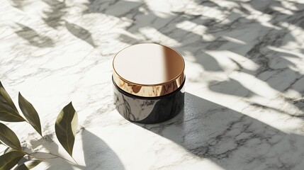 Black and gold jar with a golden lid on a white marble background with leaves.