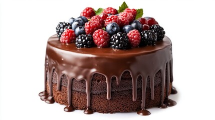 A beautifully decorated chocolate cake with a glossy ganache and fresh berries on top, displayed on a clean white background for a simple yet elegant look.