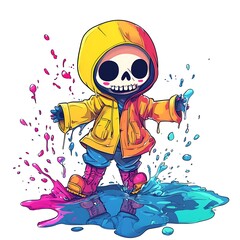 Wall Mural - Cartoon Skeleton Wearing a Yellow Raincoat  and Jumping in a Puddle of Colorful Paint.