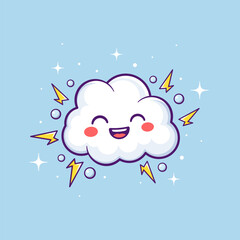 Wall Mural - White kawaii little thunderstorm cloud with smiling face and black outline on blue background. Vector flat illustration.