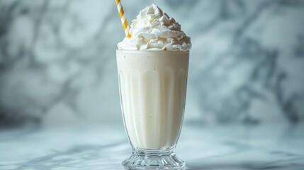 A creamy vanilla bean milkshake with whipped cream, served in a vintage-style glass with a straw.