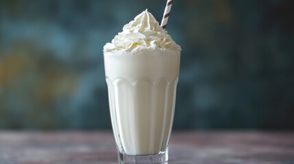 A creamy vanilla bean milkshake with whipped cream, served in a vintage-style glass with a straw.