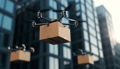 A drone network delivering packages across a city, representing the future of logistics, e-commerce, and drone technology