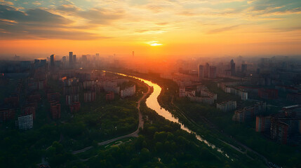 Aerial view of a city at sunset with a river winding through it.