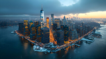 Aerial view of a city skyline at dusk with snow on the ground.