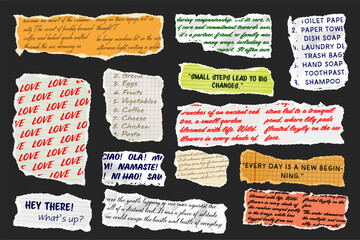 Wall Mural - ripped paper strips with handwritten text. realistic crumpled paper scraps with torn edges. shreds o