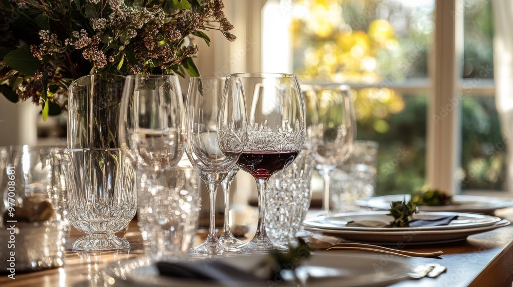 A beautifully set dining table with crystal-clear wine glasses filled ...