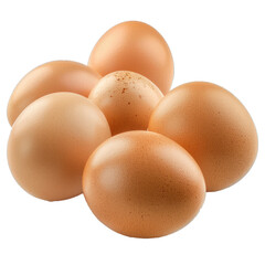 Six fresh brown chicken eggs are forming a composition on a white background