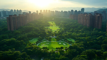 Wall Mural - Aerial view of a golf course surrounded by a city at sunrise.