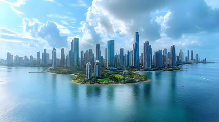 Wall Mural - Aerial view of a modern city with skyscrapers on an island in the ocean.