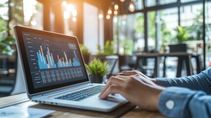Poster - A business professional reviewing financial charts and graphs on a laptop, with a focus on the screen and a tidy, modern office environment.