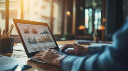 Poster - A business professional reviewing financial charts and graphs on a laptop, with a focus on the screen and a tidy, modern office environment.
