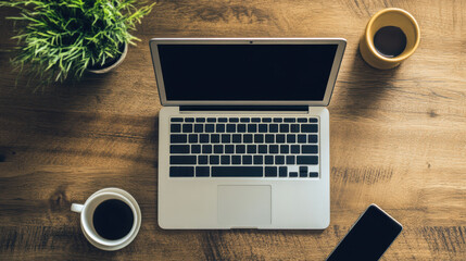 Wall Mural - A laptop computer, phone and coffee on a wooden table, AI