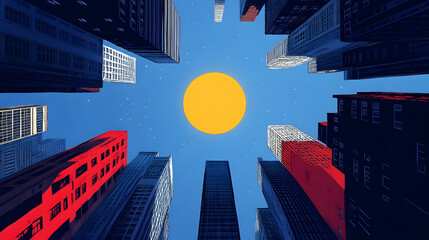 An abstract perspective of tall skyscrapers surrounding a large yellow sun in the sky.