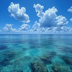 clear blue water, with white fluffy clouds in the sky.