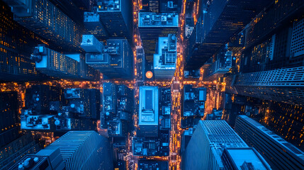 Wall Mural - An aerial view of a city at night, showcasing a grid pattern of streets, buildings, and glowing lights.