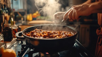 A chef stirring a pot of hearty stew on a stove, with rich, bubbling contents and a focus on the steam and texture, in a cozy kitchen setting.