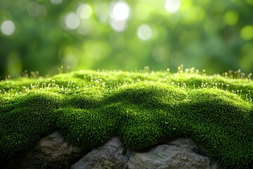 Canvas Print - Lush green moss blankets a rock surface under soft sunlight