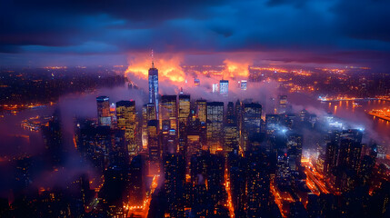 An aerial view of a city skyline at night, with clouds and fog swirling around the tall buildings, illuminated by streetlights and car headlights.