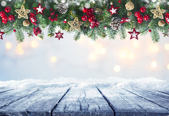 Wall Mural - festive beautiful winter nature christmas decor for presentation. fir branches decorated and empty w