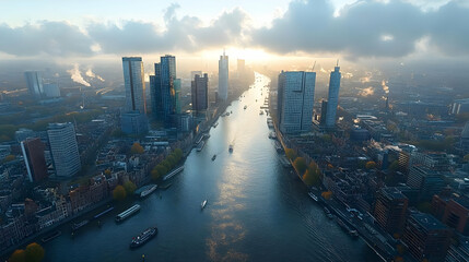 Wall Mural - An aerial view of a city skyline with a river running through it at sunset.