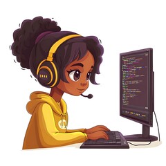 Wall Mural - Young Female Programmer Coding on Computer.