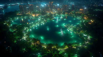 Wall Mural - An aerial view of a large city park at night, illuminated by artificial lights, with a large lake in the center and a cityscape in the background.