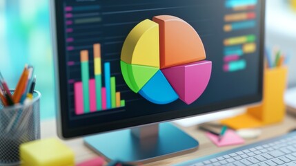 Aufkleber - A close-up of a 3D pie chart on a computer screen, showcasing different colored segments with clear labels, surrounded by office supplies and data reports