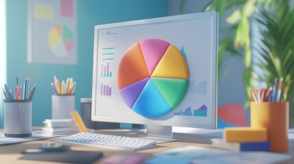 Aufkleber - A close-up of a 3D pie chart on a computer screen, showcasing different colored segments with clear labels, surrounded by office supplies and data reports
