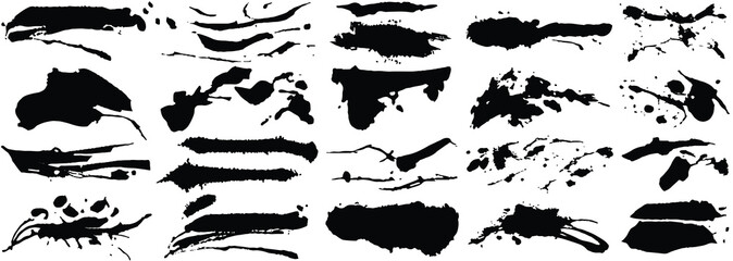 Wall Mural - Set of different grunge brush strokes. Dirty artistic design elements isolated on white background. Black paint hand made, dry ink vector brush smear