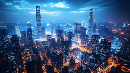 Wall Mural - An aerial view of a modern city at night with skyscrapers lit up.