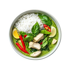 Delicious green curry with chicken, rice, and fresh vegetables