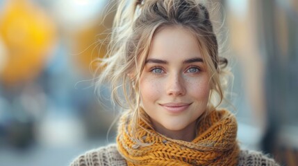 Wall Mural - Cheerful young woman with blue eyes wearing a cozy scarf smiles brightly in a sunny urban setting. Generative AI