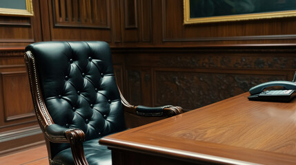 Canvas Print - A black leather chair in a wooden office with telephone, AI