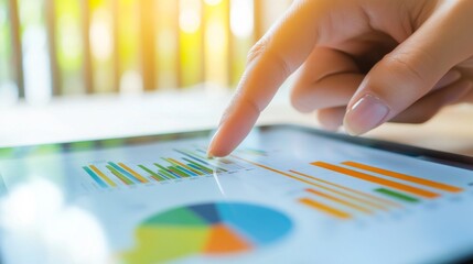 Fototapete - A close-up of a businessperson hand pointing to a goal chart on a tablet, with graphs showing upward trends, symbolizing strategic planning and goal achievement.