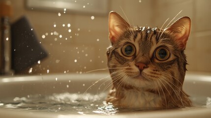 A close-up of a cat sitting in a shallow bath with gentle water splashing around, showing its curious expression and wet fur in a cozy bathroom setting.