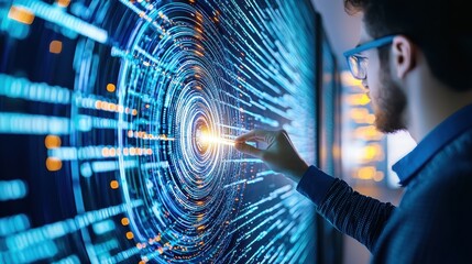 Wall Mural - man interacting with digital interface futuristic technology data visualization interactive screen i