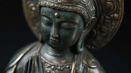 Detailed view of a bronze spiritual figure, showcasing artistic craftsmanship and deep spiritual meaning.